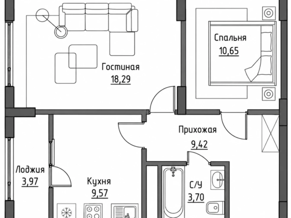 1-комнатная квартира 48,87 м² в ЖК «8-Авеню» — 2,79 млн ₽
